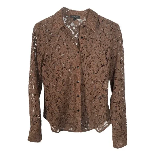 Rag & Bone Yvette Lace Button Down Shirt in Mocha Size 2 - Picture 1 of 4